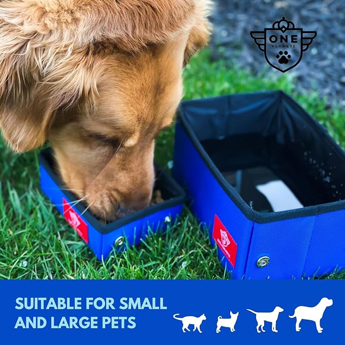One for Pets Portable 2-in-1 Double Pet Kennel/Shelter, Fabric, Black/Royal Blue 20"x20"x39" - Car Seat-Belt Fixture Included (Collapsible Bowls)