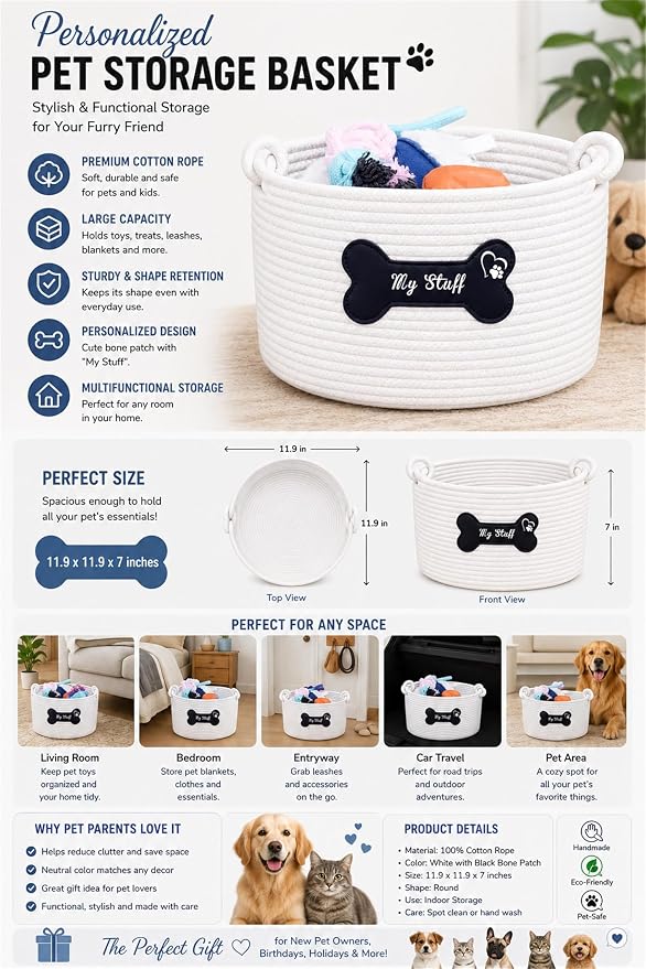 JUPPE Pet Dog Basket with Personalized Name, Dog Toys Storage Organizer Custom Cotton Rope Basket Nursery Decor (Pet Dog Basket)