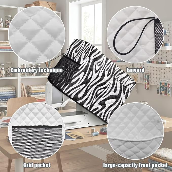 Sewing Machine Cover Polyester Febric Classic Zebra Texture Print | Dust Pet Hair Protection,Quilting Design,Fits Standard Singer,Brother Janome Machines,Protecting Decorating Your Sewing Space