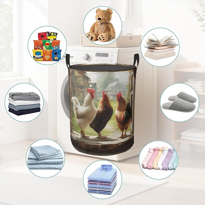 Retro FarmhouseRooster Laundry Basket With Handles Tote Bag Oxford Cloth Funny Laundry Hamper Clothes Storage Bucket Toy Organizer 16" X 20.8"For Bathroom/Laundry/Bedroom