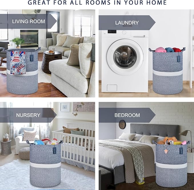 COMSE Tall Woven Blanket & Laundry Basket, 72L, Blend Navy Blue & White | 15.7”x 21.7”, Cotton Rope, Large Nursery Hamper for Storage of Toys Clothes Towels, Great for Living Rooms Bedrooms Bathrooms