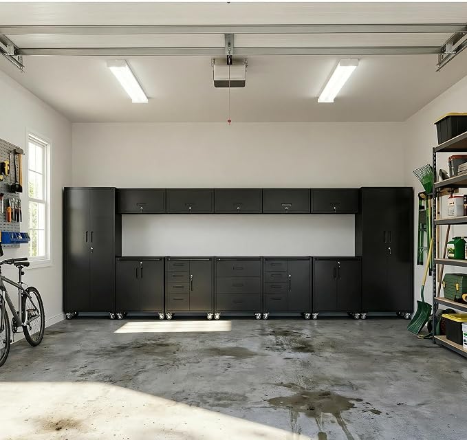 12-Piece Heavy Duty Steel Garage Cabinet System | All-in-One Modular Garage Cabinet Set for Ultimate Workshop Organization | Easy Assembly Garage Storage Cabinets & Tool Bench (Black)