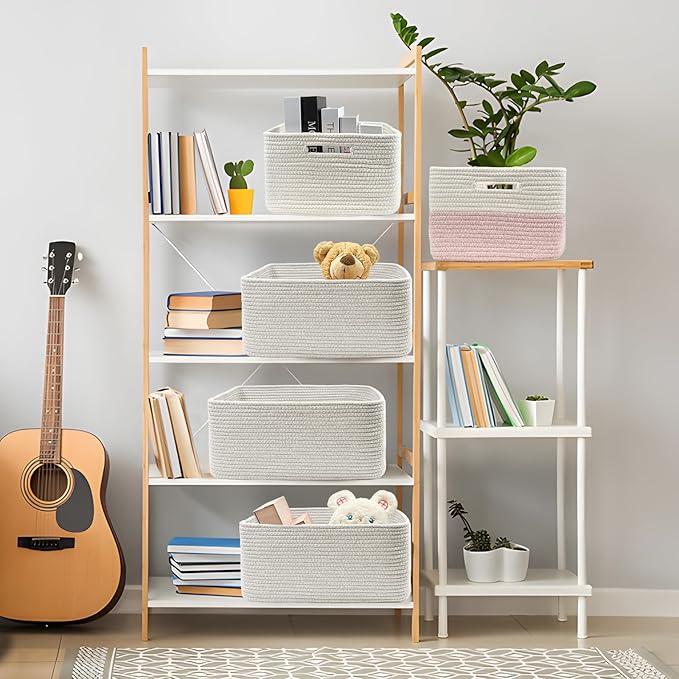 COMFY-HOMI Cotton Rope Woven Basket with Handles for Shelves,Toys,Book, Cloth Storage Baskets Bin for Organizing- 1 PCSToy Decorative Organizer for Living Room, Bathroom 17" x 13" x 7.5"