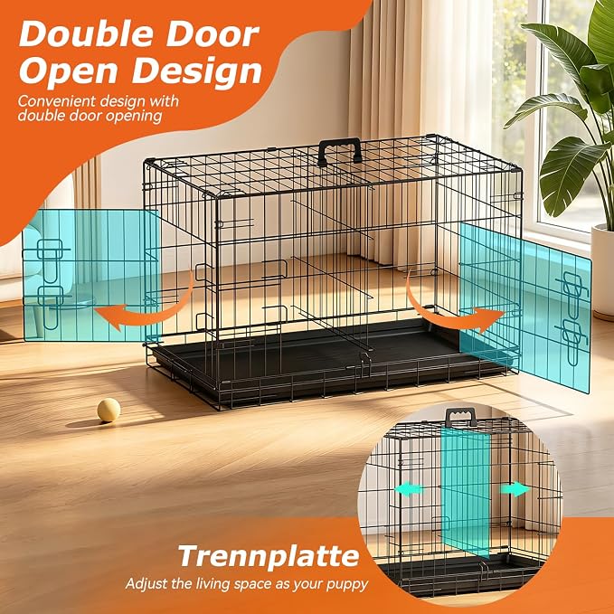 FDW | 30" Foldable Metal Dog Crate | Black | Cage for Medium Dogs | Heavy Duty, Portable Wire Kennel with Double Door, Divider & Leak-Proof Tray | For Training, Home, Travel Indoor/Outdoor Use