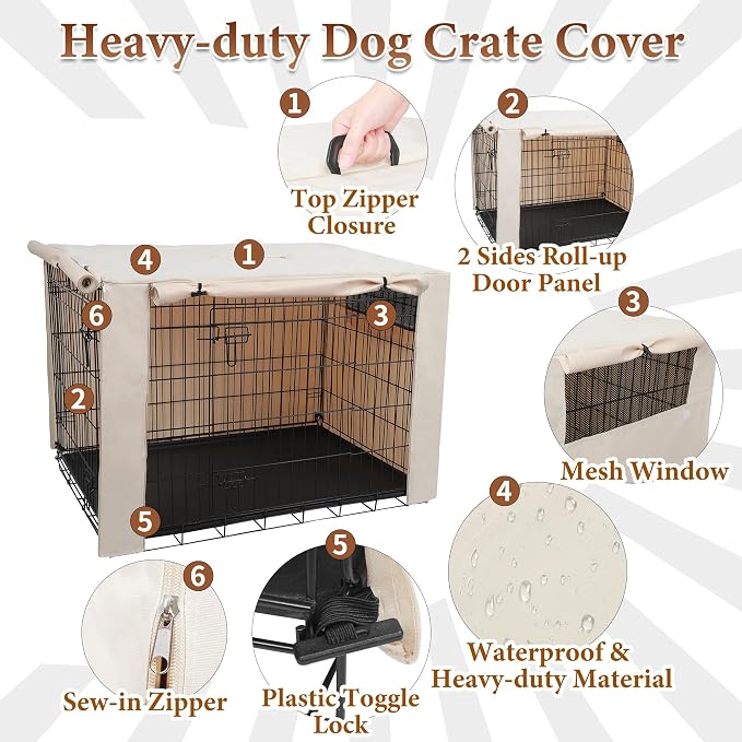 Deblue Dog Crate Cover, 36 Inches Durable Polyester Indoor Kennel Cover | Fit for 1 2 Doors Standard Wire Cage (Beige)