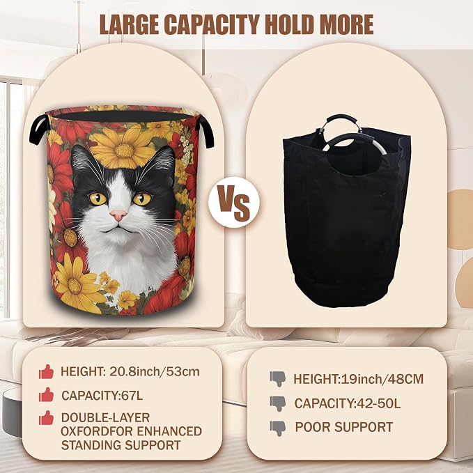 Black White Cat Laundry Basket,Red White Daisies Collapsible Laundry Hamper Waterproof Oxford Cloth With Handles,Clothes Storage Bucket Toy Organizer For Bathroom/Nursery/Bedroom 16" x 20.8"