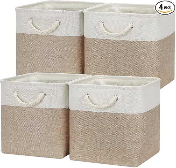 Temary 4 Pack Cube Storage Bins Cloth Baskets for Shelf, Fabric Storage Cubes 12 x 12 Baskets Gift Empty Basket with Handles, Basket for Storage (White&Khaki)
