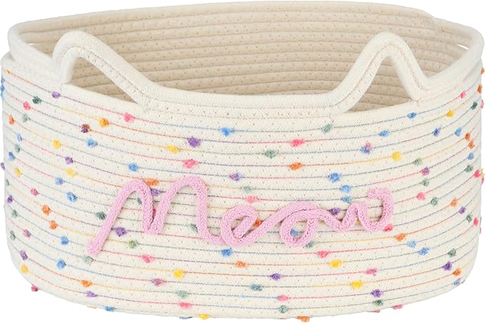 Sea Team Cat Toy Storage Basket with Handles and Ears, Rainbow Meow | Large Cotton Rope Storage Bin, Shelf Basket, Organizer for Pet Chew Toys, Foods, 16.5 x 11 x 7 Inches, 4.4 Gallons