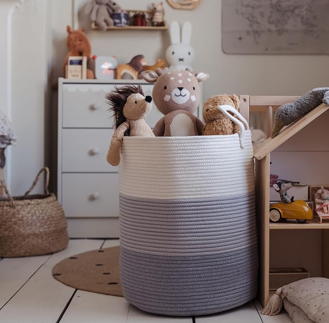 OrganiHaus Tall Cotton Rope Laundry Basket & Hamper, Blanket Storage 52L | 3-Toned Gray - Tall Cotton Rope Hamper, 52L