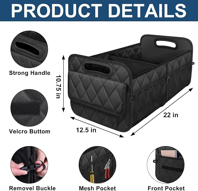 Deosk Car Trunk Organizer for SUV, Car Organizers and Storage with Reinforced Handles, Car Accessories for Women/Men 50LWaterproof Polyester Trunk Organizer, Black