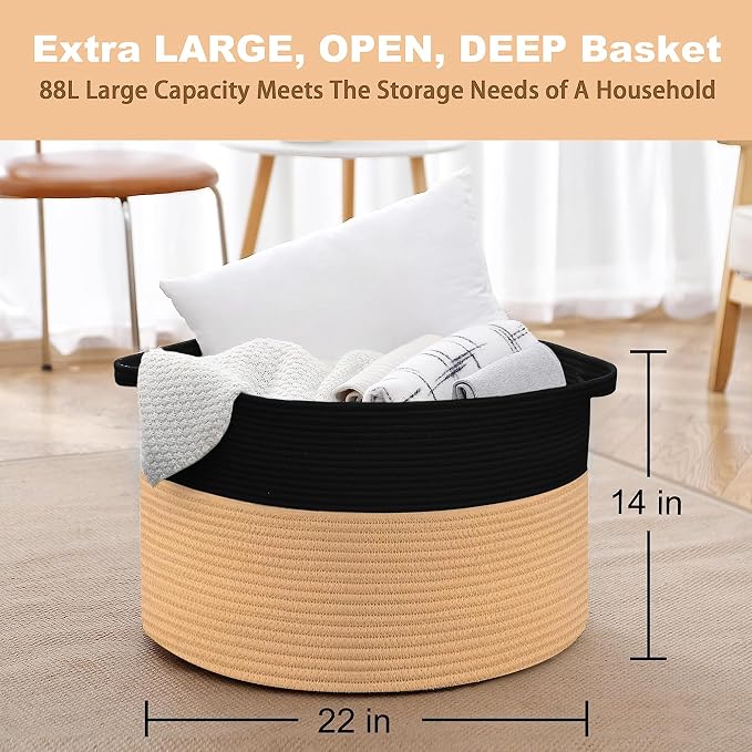 MEGASKET Extra Large Storage Basket, 22" X 14" Blanket Storage for Living Room, Decorative Kids Dog Toy Bin Box, Big Woven Cotton Rope Baskets for Organizing, Farmhouse Blanket Pillow Holder Organizer