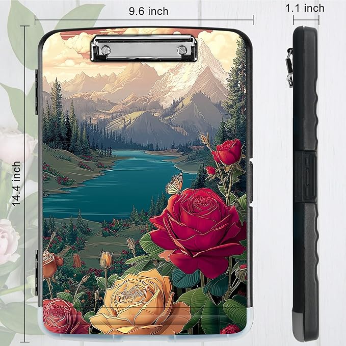 A4 Clipboard with Storage Pen Holder, Clipboards Organizer Nursing Clipboard Foldable File Folder Plastic Clipboard Folio Clip Board for Office Work Classroom Doctor, Rose Mountain Clouds