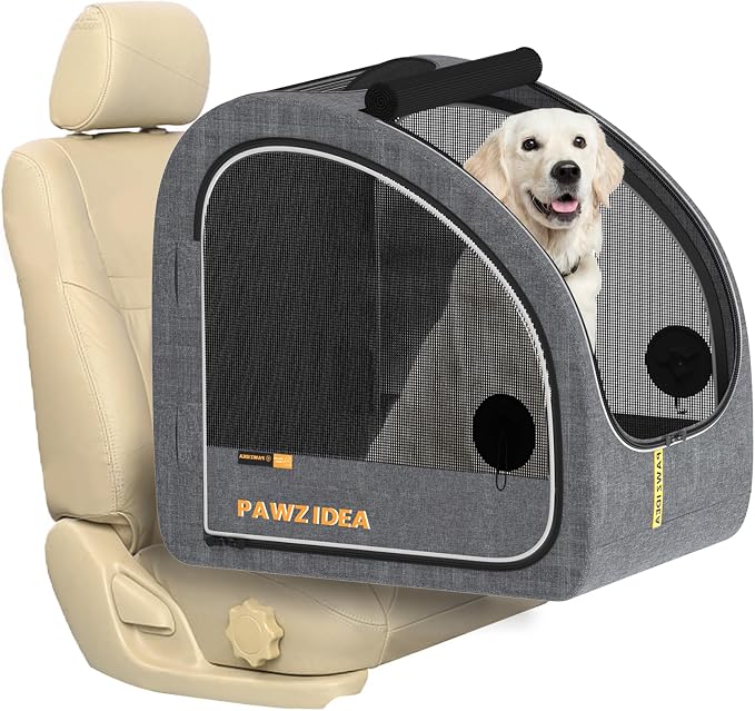 PAWZIDEA Portable Dog Crate for Car Travel, Medium & Large Dogs Up to 80lbs | Soft-Sided Dog Car Kennel for Backseat, Secures Seatbelt & Headrest Strap, Collapsible Enclosed Car Seat Carrier, Chew-Proof
