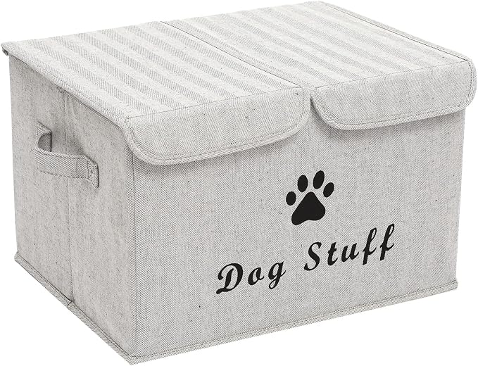 Large Dog Toys Storage Box Canvas Storage Basket Bin Organizer with Lid - Collapsible Linen Bin Ideal for Organizing Dog Cat Toys and pet Stuff-PP Boad-17" x 12" x 10" - Gray Stripe