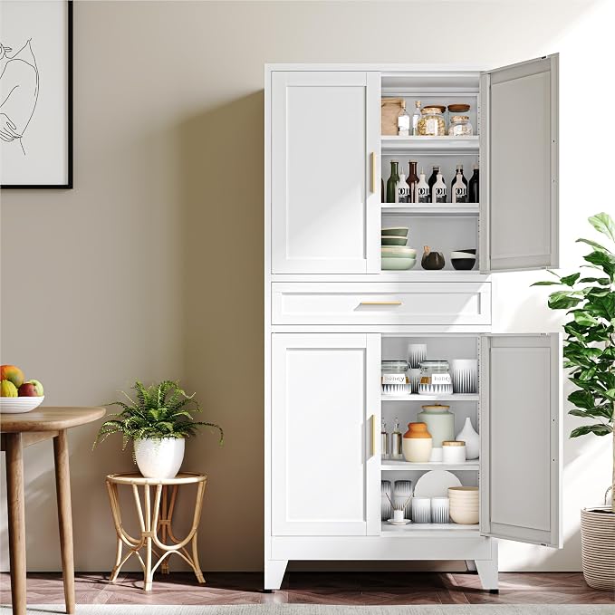 YAUWOH 71''Tall Kitchen Pantry Cabinet with Drawer,6-Tiers Metal Pantry Storage Cabinet with 4 Adjustable Shelves and 4 Barn Doors, Freestanding Farmhouse Food Cupboard for Dining Room (1PC,White)