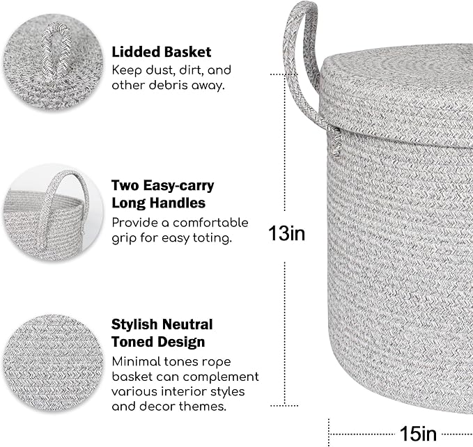 15”x13” Storage Basket with Lid, Blanket Storage for Living Room, Woven Cotton Rope Bin with Cover, Kids Dog Toy Box, Baby Laundry Basket with Lid, Covered Blankets Pillows Holder, Gray