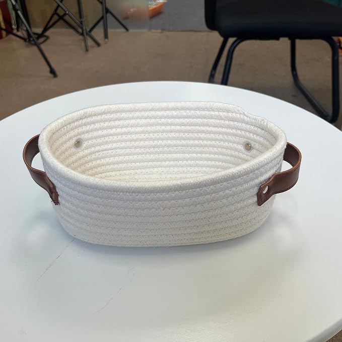 ABenkle Small Woven Basket, Mini Cotton Rope Storage Basket, Tiny White Easter Basket, Oval Decorative Toy Dog Cat Basket for Nursery, Empty Gift Baskets, 9.4" x 5.9" x 3.9" XS