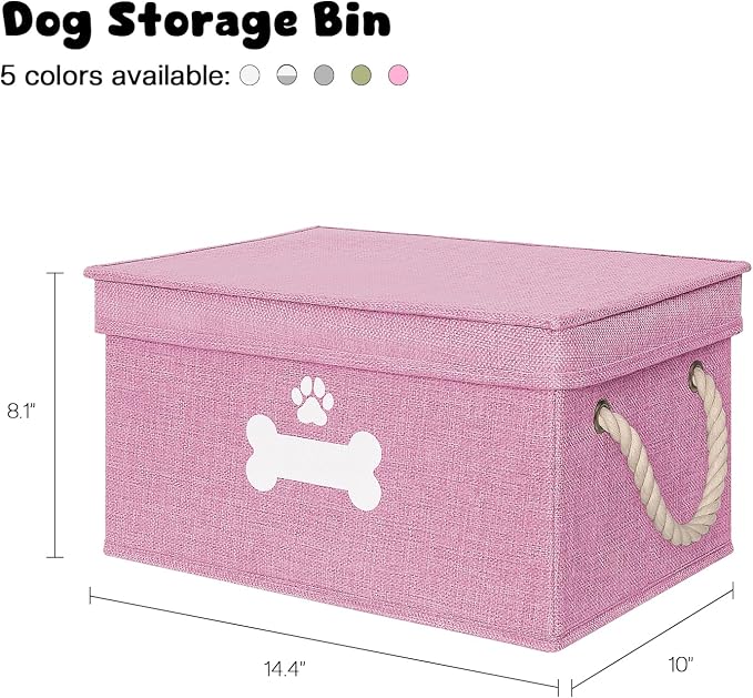 Dog Toy Basket with Lid, Dog Basket for Toys, Dogs Toy Box with Cotton Rope Handles, Collapsible Storage Bins for Pet Toys, Dogs Storage Organizer, Pink