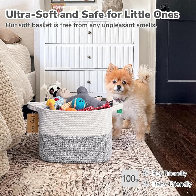Goodpick Woven Rope Storage Basket for Shelves, Rectangle, Light Gray | 13" × 10" × 9" Stylish Gift Basket for Home Decor, Cotton Rope Baskets for Clothes, Towels & Toys Storage, Reinforced Handles
