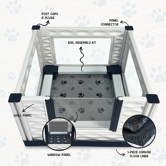 EZclassic Windowed 28x28x18 in Whelping Box with Rails, Gray Pad | Compact 28x28 windowed whelping box with puppy rails, clear viewing walls, waterproof gray pad, and portable tool-free setup