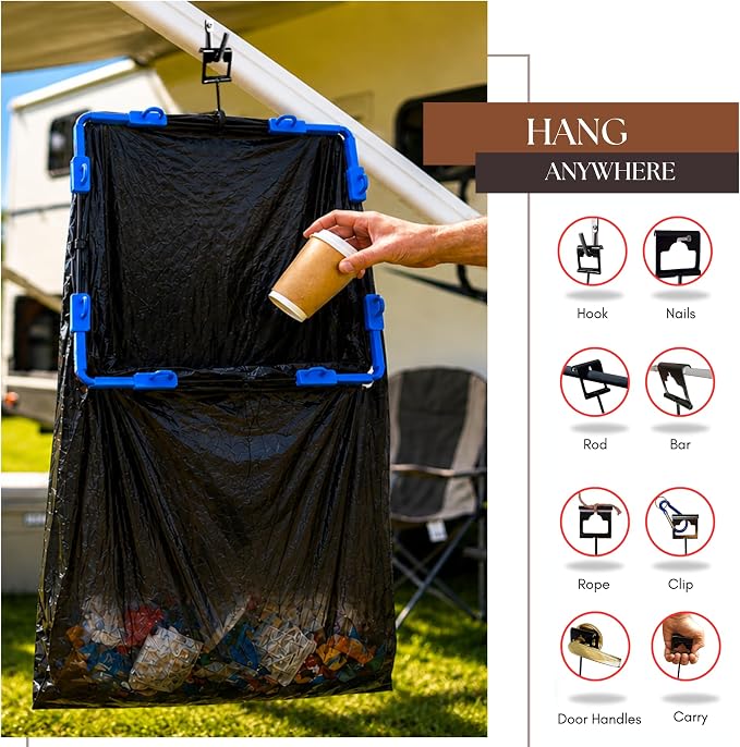 Portable Trash Bag Holder Stand For 20-33+ Gallon Liners. 16x17in Hanging Stand for Waste or Storage & Organization. Garbage can For Home Recycling Camping Picnic Party Boat Car RV or Leaf Collector