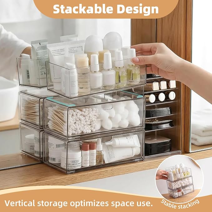 Stackable Medicine Cabinet Makeup Organizer for Bathroom, 2 Pack | Top-Opening and Drawer Design, Clear Access, Dustproof, Non-Slip & Place Stably, Holds Lipstick & Cotton Swab