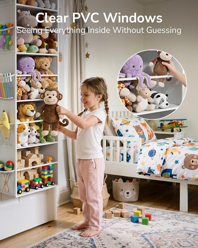 ULG Stuffed Animal Organizer Over the Door, Large Hanging Plush Toy Storage with Mesh Window, Cotton Kids Toy Organizer for Bedroom, Nursery, Playroom & Baby Items Clear Grey