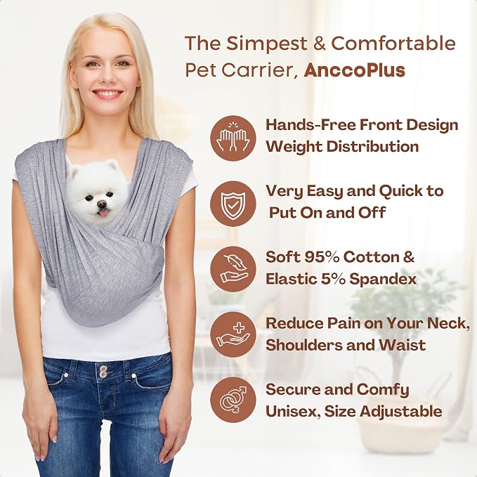 AnccoPlus Small Dog Sling Carrier, Hands-Free, Heather Gray, Regular | Patented Front Carrier Reduces Back and Neck Strain; Adjustable, Soft Cotton, 3D Air Mesh for Puppies & Cats up to 20 lb