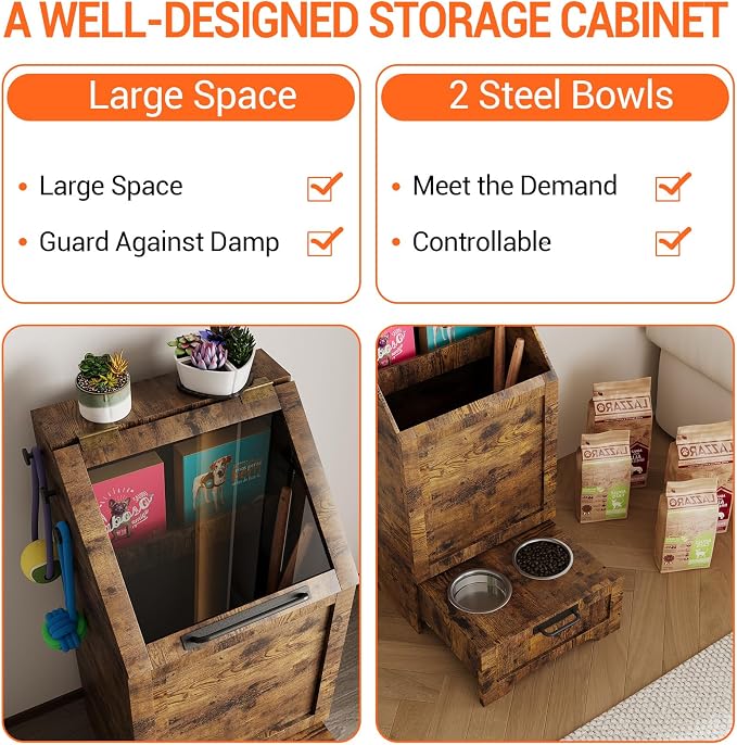 Top Opening Dog Feeding Station, Wooden Dog Food Storage Cabinet with 2 Elevated Dog Bowls, 3 Hooks, Hidden Design, Large Pet Food Storage and Feeding Station for Dogs, Cats, Retro