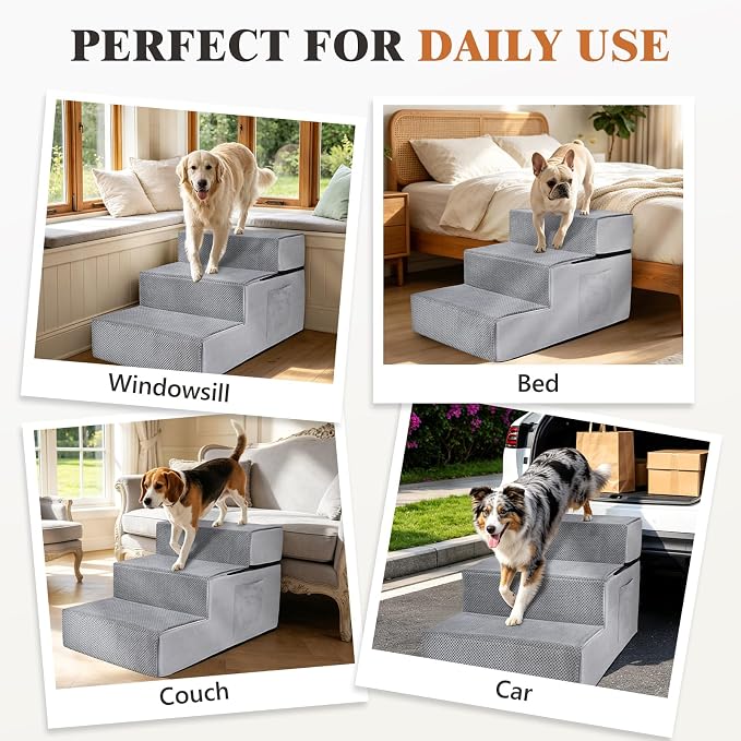 Dog Stairs for High Bed, Dual Reinforced Support Pet Steps for Large Dogs | 18" H Foam Pet Ramp with Storage Pocket, Washable Cover and Anti-Slip Bottom for Easy Climb, Senior Dogs & Cats Up to 120lbs