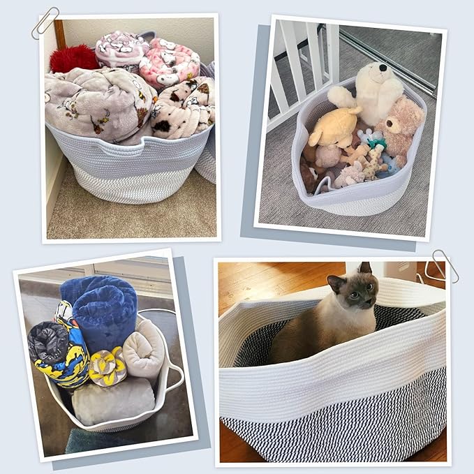 INDRESSME XXXLarge Woven Rope Blanket Basket Living Room Blue, 90L | 21.7" x 13.8" Storage baskets for toys laundry & pillows. Fits living room, bedroom or nursery décor. Soft-touch with handles