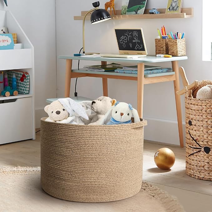 Extra Large Storage Basket, 22”x14” Woven Cotton Rope Basket, Big Kids Dog Floor Toy Bin, XXL Blanket Pillow Holder for Living Room Bedroom, Brown Variegated Round Baskets for Organizing