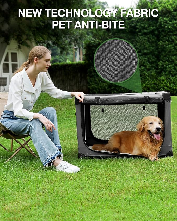 24 x 17 x 17 Inch Collapsible Soft Dog Crate for Dogs Up to 30 lbs, Portable Travel Pet Kennel with 4 Zip Doors, Foldable Indoor Outdoor Crate with Mat, Carry Bag, Grey
