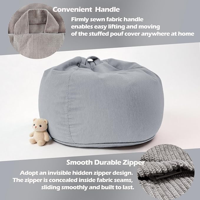 LPMOERA Stuffed Animal Storage Soft Bean Bag Cover No Filler Light Grey | Skin-Friendly,Portable,Wide Easy-Load Opening,Hidden Zipper,Decorative Organizer