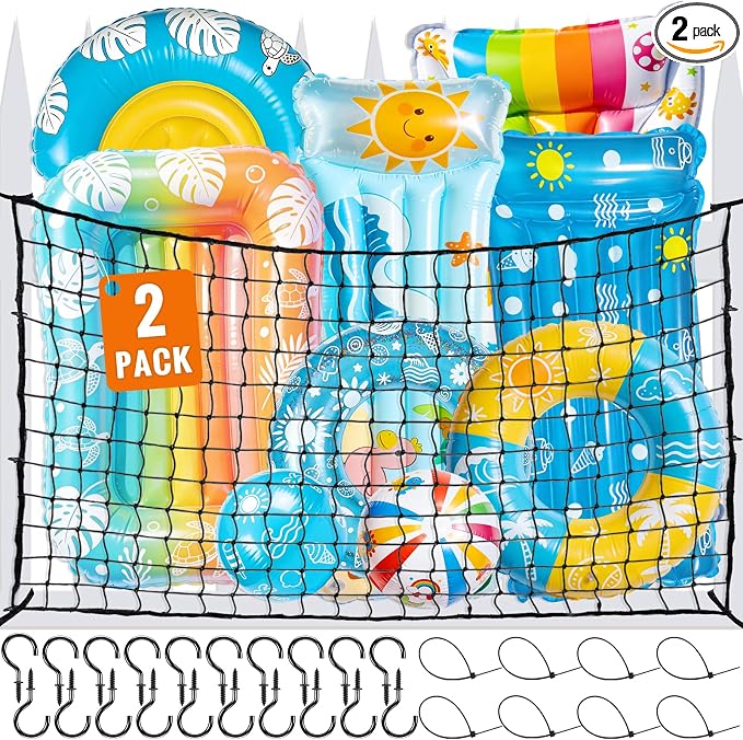 79" * 47" Pool Float Toy Storage Net, 2Pcs Extra Large Hanging Elastic Mesh Pool Storage with 20 Hooks & 200 Ties, Swimming Poolside Fence Toys Holder for Floats, Balls, Water Inflatable Toys Rafts