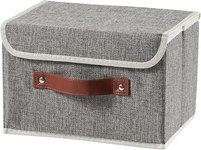 Storage Boxes with Lids Cotton Linen Fabric Bins Baskets | Decorative Collapsible Washable, Clothes Container Organizer for Closet Shelf, w/ Faux Leather Handles, Gray, Small