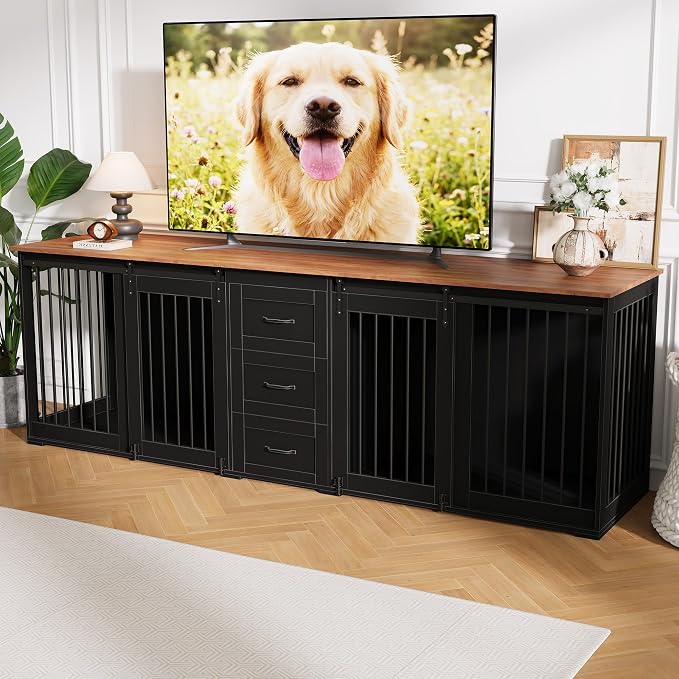 95" Large Dog Crate Furniture for 2 Dogs, Farmhouse Wooden Dog Kennel with 3 Storage Drawers, Heavy Duty Furniture Style TV Stand with Sliding Barn Doors