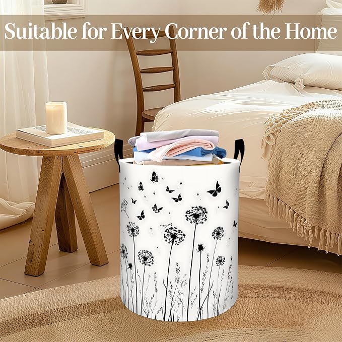 Dandelion Laundry Basket, Butterfly Floral Print Foldable Oxford Cloth, Waterproof Dirty Clothes Hamper with Handles, Clothing Storage Bin Toy Organizer for Bedroom Dorm Bathroom, 19.7"x15.7"