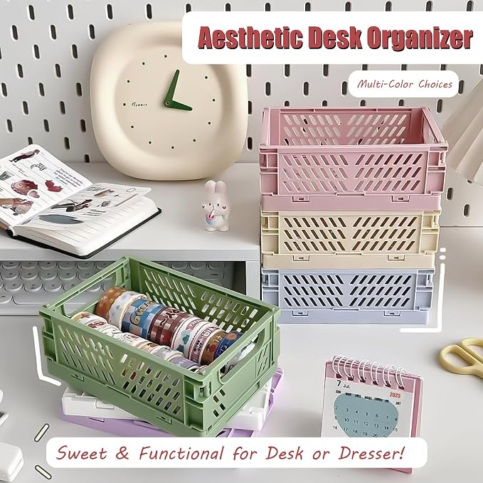 Tobeso-Nuoze Mini Pastel Plastic Storage Baskets 2 Pack Collapsible Crates | for Organizing Space-Saving Bins for Kitchen, Office, Bedroom (Purple, Small: 5.8"x 3.8" x 2.2")