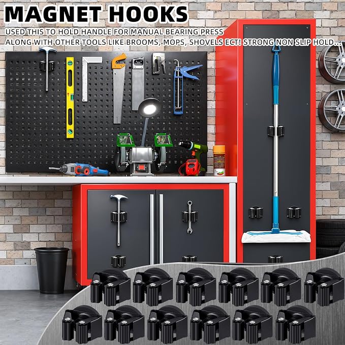 Vercraft 12 Pcs Magnetic Broom Holder Wall Mounted Anti Slip Rack,Black | Movable Magnetic Organizer for Mops Brooms, Dual Roller Grip, Wall Storage for Garage Kitchen Laundry Garden Tools
