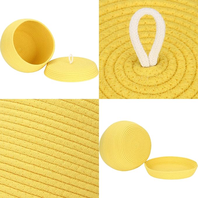 Sea Team Round Woven Cotton Rope Storage Basket with Lid, Yellow | Lidded Knitted Decorative Storage Bin, Pot, Caddy, Organizer, Container for Snacks, Towels, Plants, 13 x 9 Inches