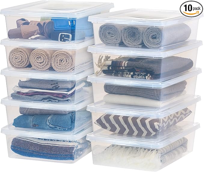 IRIS USA 10-Pack 28 Qt Storage Bins with Lids, Clear, Stackable | Great for clothing, linens, closets and home organization, nestable design, transparent design makes contents easy to find