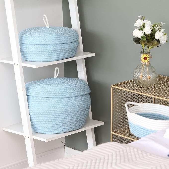 Sea Team Round Woven Cotton Rope Storage Basket with Lid, Blue | Lidded Knitted Decorative Storage Bin, Pot, Caddy, Organizer, Container for Snacks, Towels, Plants, 13 x 9 Inches