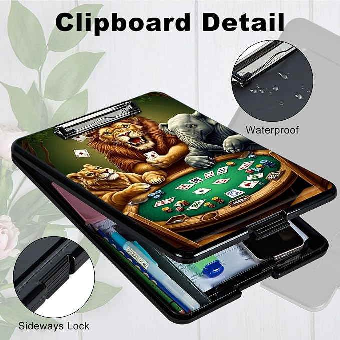 Elephant Lion A4 Clipboard with Storage Pen Holder, Clipboards Organizer Nursing Clipboard Foldable File Folder Plastic Clipboard Folio Clip Board for Office Students Classroom Doctor