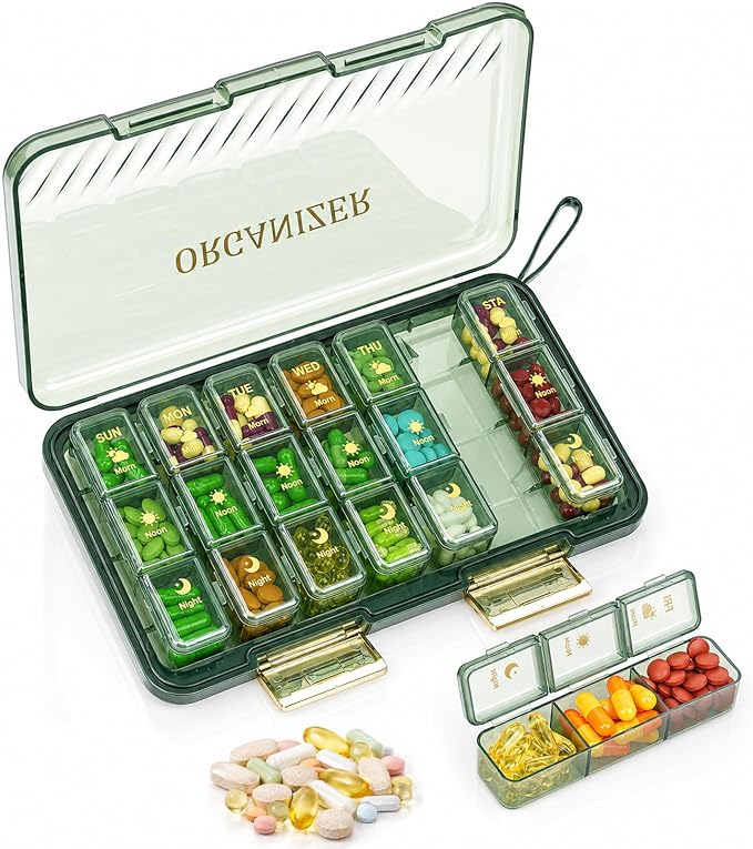 Weekly Pill Organizer 3x a Day - 7 Day Pill Box with 21 Compartments (Morning/Noon/Night), BPA-Free Daily Pill Case, Portable Medicine Organizer for Vitamins, Supplements & Medication【Upgrade】 (Green)