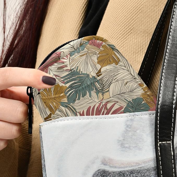 Fustylead Vintage Tropical Line Art Palm Leaves Pill Organizer for Purse, Weekly Portable Pill Box with Zipper to Storage Vitamins Fish Oils Medications Supplements