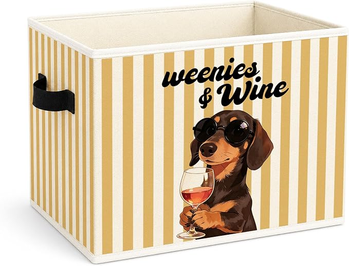 Dachshund Weenies and Wine Foldable Fabric Storage Bin | Funny dachshund yellow stripe design; foldable fabric storage bin for closet, pet supplies, books, or clothes.