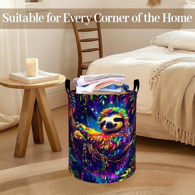 Colorful Sloth Laundry Basket, Mystical Jungle Foldable Oxford Cloth, Waterproof Dirty Clothes Hamper with Handles, Clothing Storage Bin Toy Organizer for Bedroom Dorm Bathroom, 19.7"x15.7"