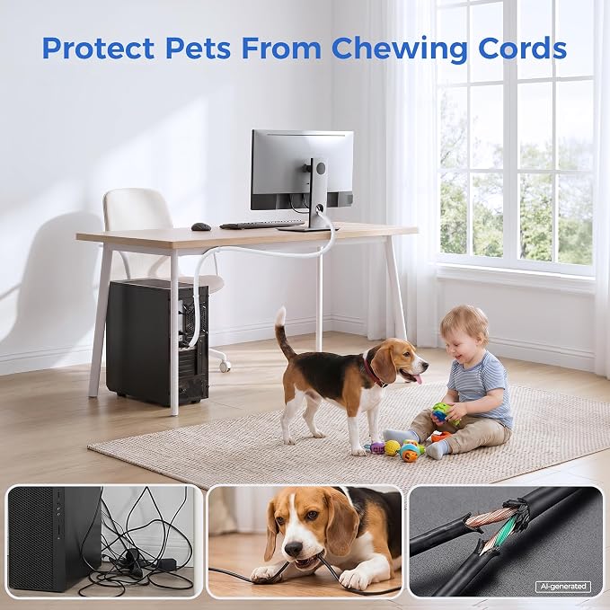 Delamu 30ft - 1/2 inch Cable Sleeve Cord Protector from Pets No Chew, Split-Braided PVC Wire Loom Tubing for Desk Computer USB TV Cord Organizer, Easy Set-up Cable Management Sleeve Kit, White