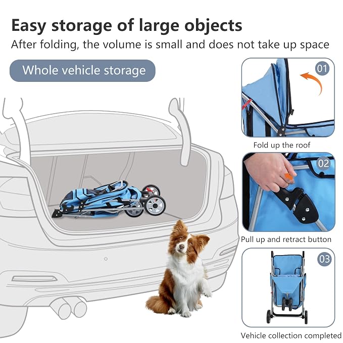 FDW Pet Stroller 3-Wheel Durable Foldable Cat Dog Stroller with Washable Liner Storage Basket Cup Holder,Blue